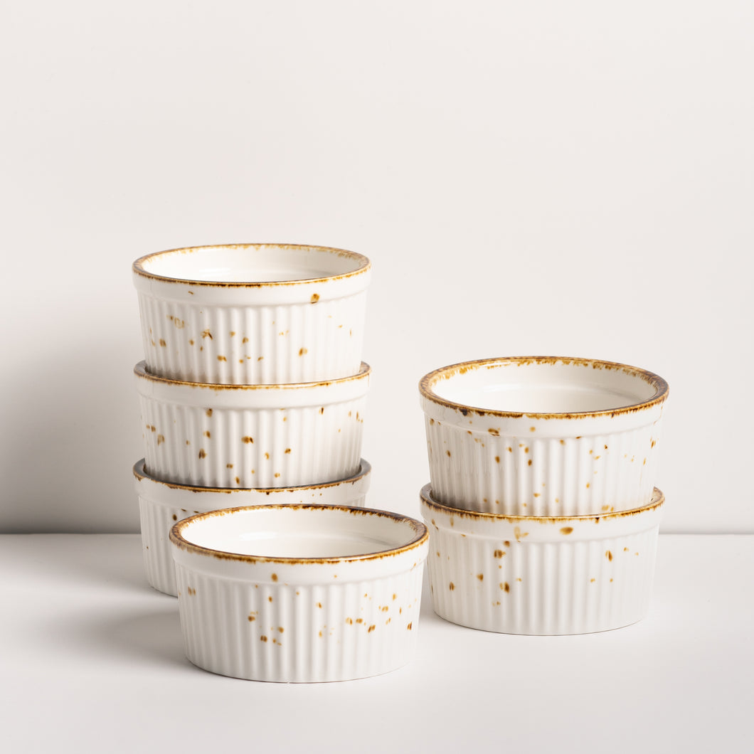 Porcelain Ramekins Set Of 6 - Bowls for Creme Brulee, Baking, Souffle, Lava Cakes, Pudding - 3.5 x 1.7 inches 6oz - Sandy