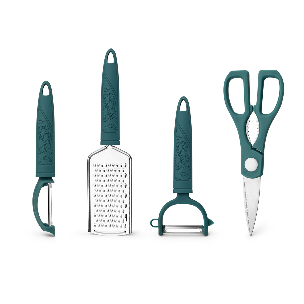 Set of P-Peeler, Y-Peeler, Cheese Grater, Kitchen Shears. Stainless Steel